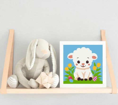 Vidám bárányka a réten - gyerek számfestő készlet - Számfestő.hu - 20×20cm - Keretre feszítve