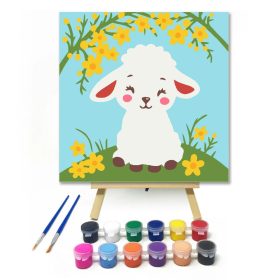 Kis bárány sárga virágokkal - gyerek számfestő készlet - Számfestő.hu - 20×20cm - Keret nélkül