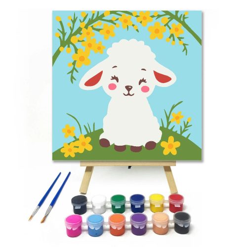 Kis bárány sárga virágokkal - gyerek számfestő készlet - Számfestő.hu - 30×30cm - Keret nélkül