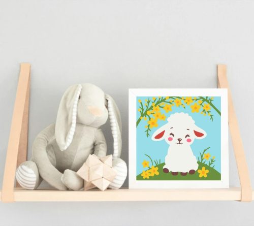 Kis bárány sárga virágokkal - gyerek számfestő készlet - Számfestő.hu - 50×50cm - Keret nélkül