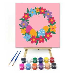 Tavaszi virágkoszorú tojásokkal - gyerek számfestő készlet - Számfestő.hu - 20×20cm - Keret nélkül