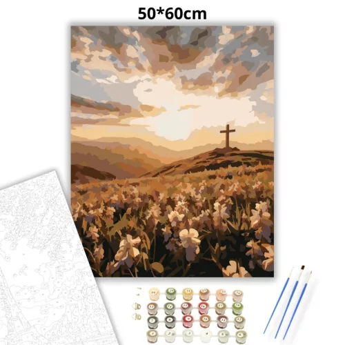 Aranyló kereszt - számfestő készlet - Számfestő.hu - 50×60cm - Keretre feszítve