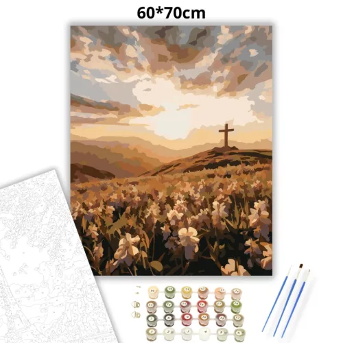 Aranyló kereszt - számfestő készlet - Számfestő.hu - 60×70cm - Keretre feszítve