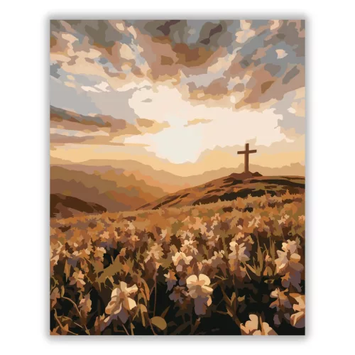 Aranyló kereszt - számfestő készlet - Számfestő.hu - 60×70cm - Keretre feszítve