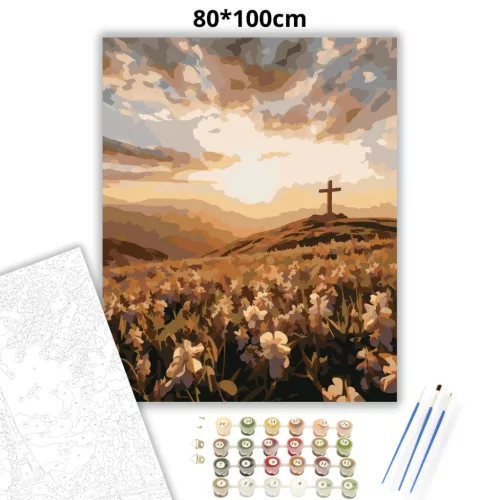 Aranyló kereszt - számfestő készlet - Számfestő.hu - 80×100cm - Keretre feszítve