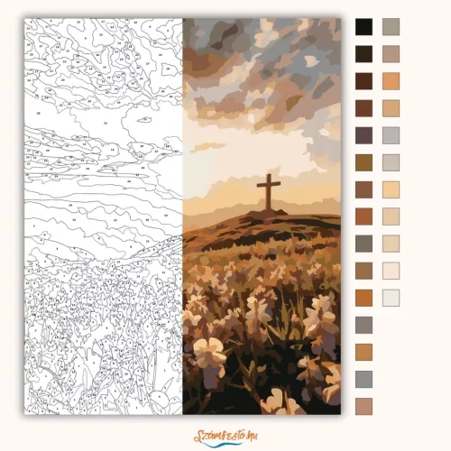 Aranyló kereszt - számfestő készlet - Számfestő.hu - 80×100cm - Keretre feszítve