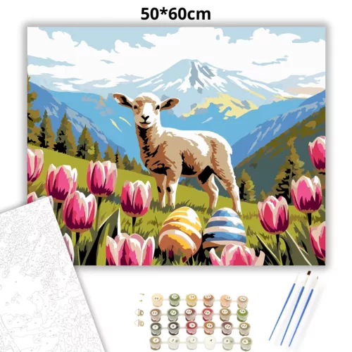 Derűs bárány tulipánok közt - számfestő készlet - Számfestő.hu - 50×60cm - Keretre feszítve