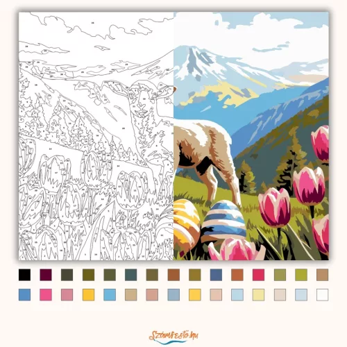 Derűs bárány tulipánok közt - számfestő készlet - Számfestő.hu - 50×60cm - Keretre feszítve