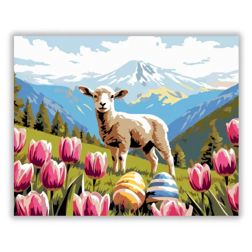 Derűs bárány tulipánok közt - számfestő készlet - Számfestő.hu - 50×60cm - Keret nélkül