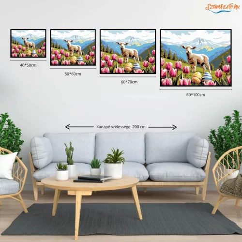Derűs bárány tulipánok közt - számfestő készlet - Számfestő.hu - 60×70cm - Keretre feszítve