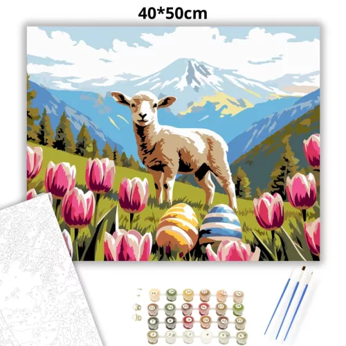 Derűs bárány tulipánok közt - számfestő készlet - Számfestő.hu - 40×50cm - Keret nélkül
