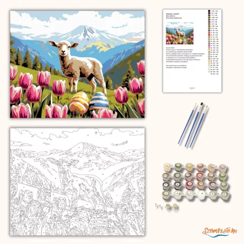 Derűs bárány tulipánok közt - számfestő készlet - Számfestő.hu - 40×50cm - Keretre feszítve