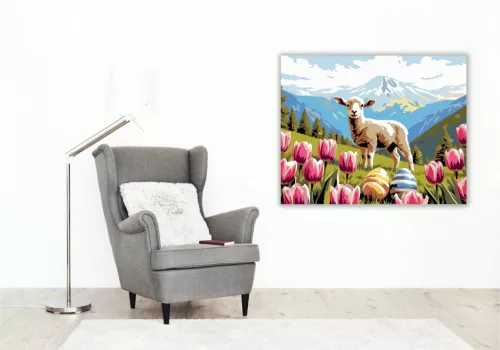Derűs bárány tulipánok közt - számfestő készlet - Számfestő.hu - 40×50cm - Keretre feszítve