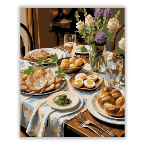 Meghitt húsvéti teríték - számfestő készlet - Számfestő.hu - 60×70cm - Keretre feszítve