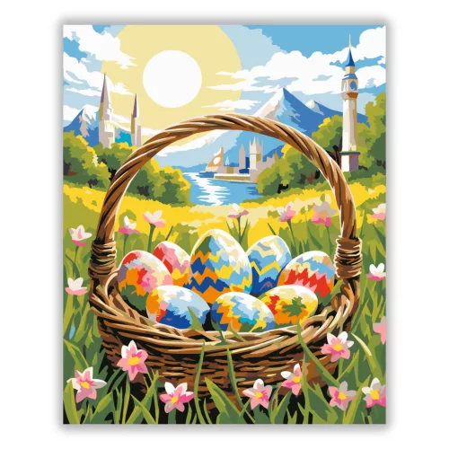 Napsütötte tojás kosár - számfestő készlet - Számfestő.hu - 40×50cm - Keretre feszítve