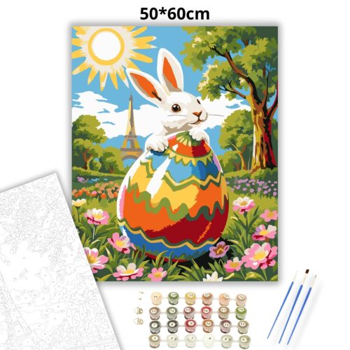 Derűs nyuszi Párizsban - számfestő készlet - Számfestő.hu - 50×60cm - Keretre feszítve