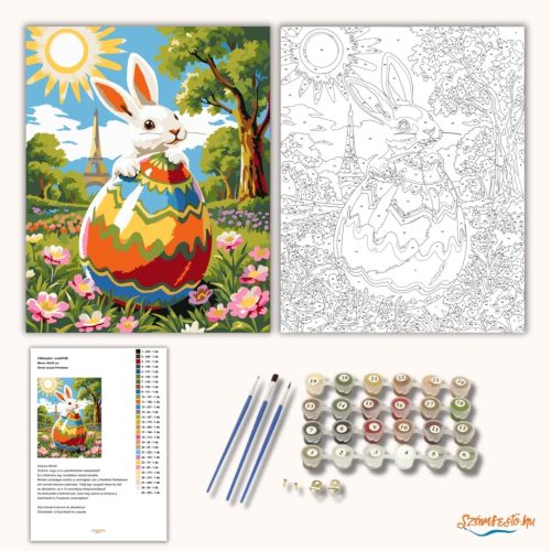 Derűs nyuszi Párizsban - számfestő készlet - Számfestő.hu - 50×60cm - Keret nélkül