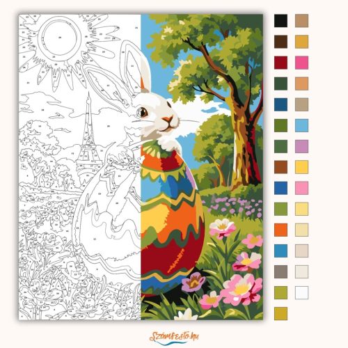 Derűs nyuszi Párizsban - számfestő készlet - Számfestő.hu - 60×70cm - Keretre feszítve