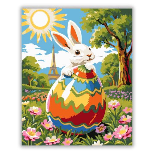 Derűs nyuszi Párizsban - számfestő készlet - Számfestő.hu - 60×70cm - Keretre feszítve