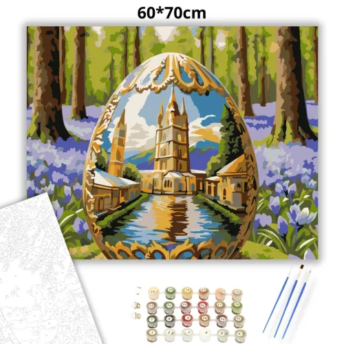 Aranyló díszes tojás - számfestő készlet - Számfestő.hu - 60×70cm - Keretre feszítve