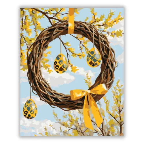 Napsütötte húsvéti koszorú - számfestő készlet - Számfestő.hu - 50×60cm - Keretre feszítve