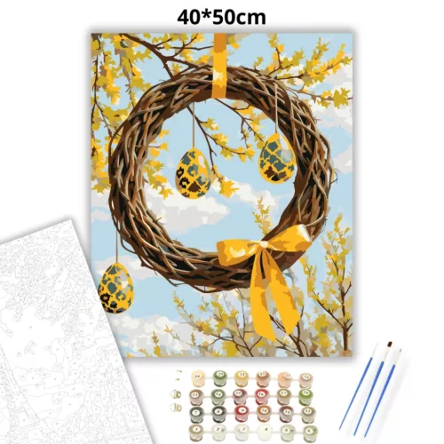 Napsütötte húsvéti koszorú - számfestő készlet - Számfestő.hu - 40×50cm - Keretre feszítve