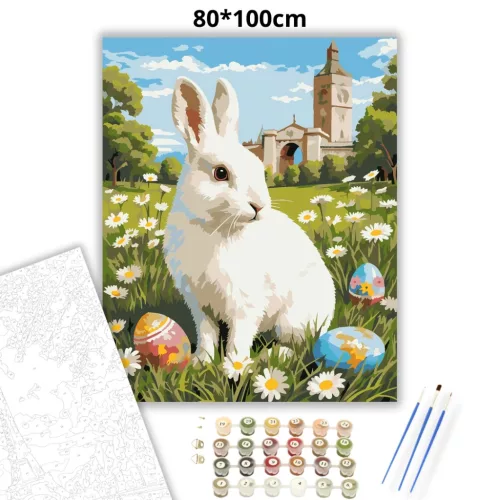 Tavaszi nyuszi a réten - számfestő készlet - Számfestő.hu - 80×100cm - Keretre feszítve