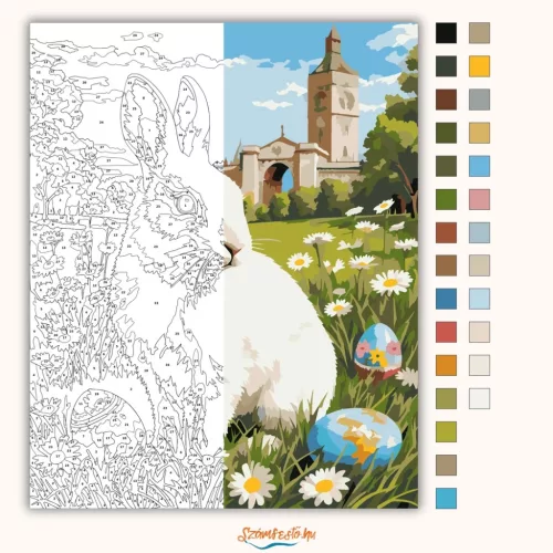 Tavaszi nyuszi a réten - számfestő készlet - Számfestő.hu - 40×50cm - Keretre feszítve