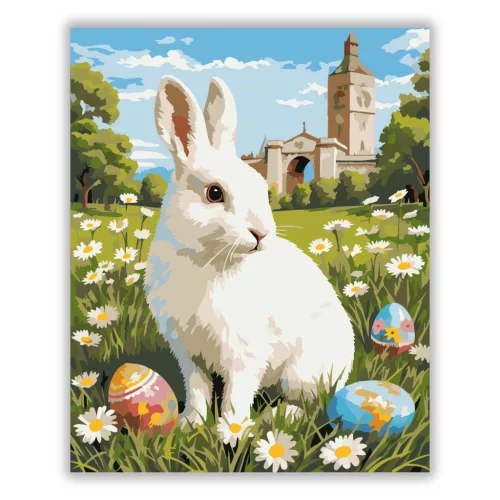 Tavaszi nyuszi a réten - számfestő készlet - Számfestő.hu - 40×50cm - Keretre feszítve