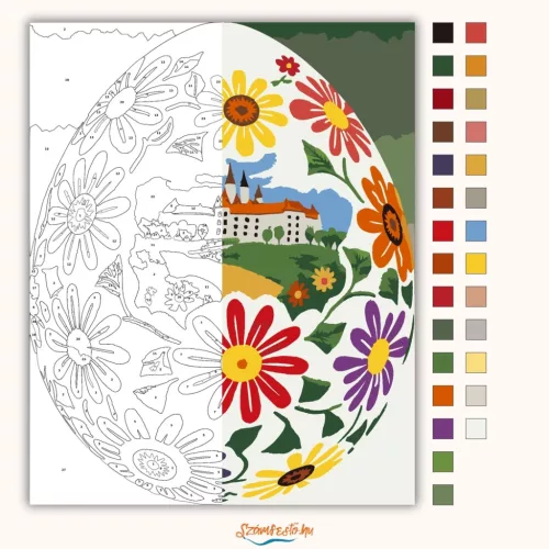 Díszített népies tojás - számfestő készlet - Számfestő.hu - 60×70cm - Keretre feszítve