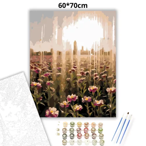 Ködös virágmező - számfestő készlet - Számfestő.hu - 60×70cm - Keretre feszítve