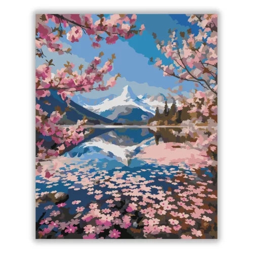 Sziromszőnyeges alpesi tó - számfestő készlet - Számfestő.hu - 60×70cm - Keretre feszítve