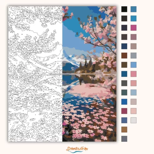 Sziromszőnyeges alpesi tó - számfestő készlet - Számfestő.hu - 80×100cm - Keretre feszítve