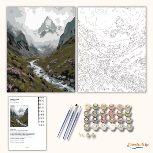 Ködbe vesző hegycsúcs - számfestő készlet - Számfestő.hu - 60×70cm - Keretre feszítve