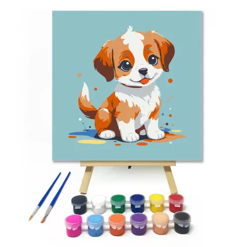 Boldog kiskutya  - gyerek számfestő készlet - Számfestő.hu - 40×40cm - keret nélkül
