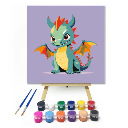 Zöld sárkány - gyerek számfestő készlet - Számfestő.hu - 20×20cm - keretre feszítve