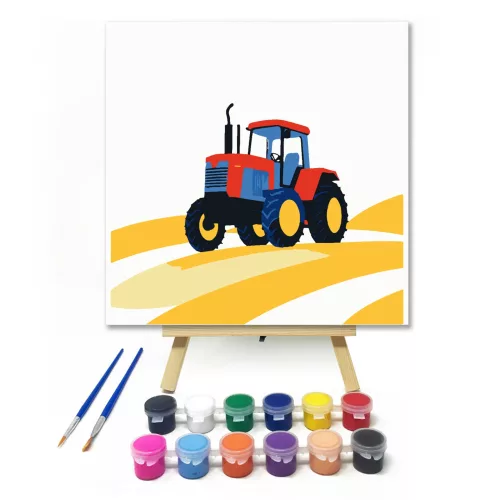 Traktor a mezőn  - gyerek számfestő készlet - Számfestő.hu - 40×40cm - keretre feszítve