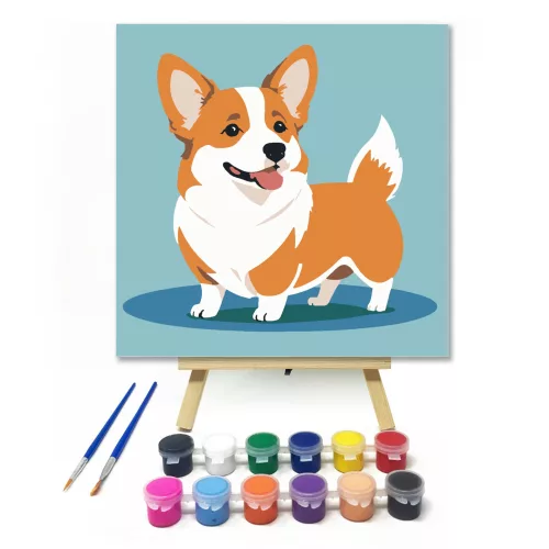 Mosolygó corgi - gyerek számfestő készlet - Számfestő.hu - 20×20cm - keretre feszítve