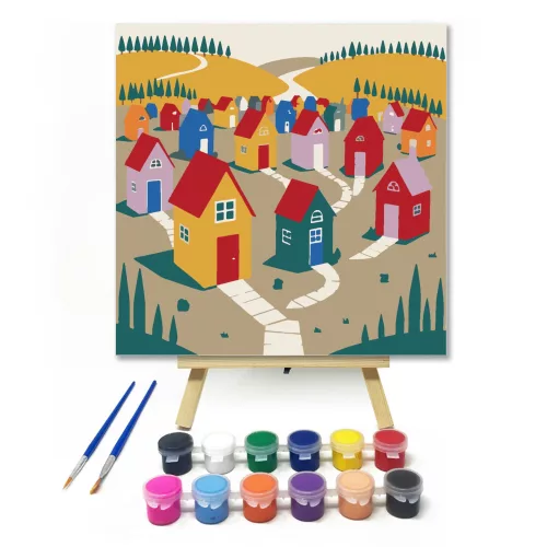 Tarka házikók útvesztője - gyerek számfestő készlet - Számfestő.hu - 20×20cm - keretre feszítve