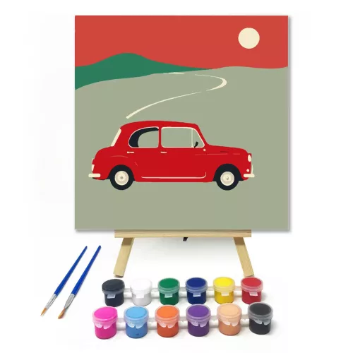 Piros autó a mezőn - gyerek számfestő készlet - Számfestő.hu - 20×20cm - keret nélkül
