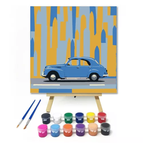 Kék oldtimer - gyerek számfestő készlet - Számfestő.hu - 20×20cm - keretre feszítve