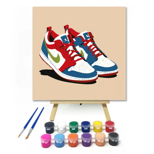 Kék-piros sportcipők - gyerek számfestő készlet - Számfestő.hu - 30×30cm - keretre feszítve