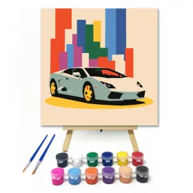 Színes házak előtt - gyerek számfestő készlet - Számfestő.hu - 20×20cm - keret nélkül