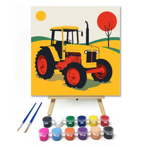 Sárga traktor - gyerek számfestő készlet - Számfestő.hu - 20×20cm - keretre feszítve