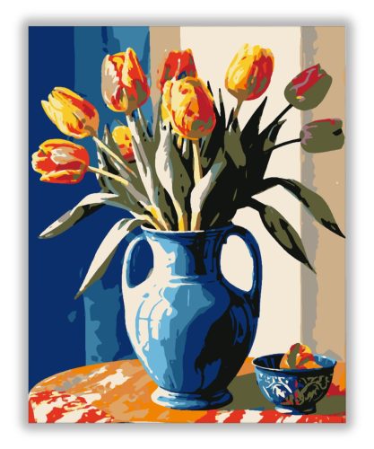 Kék vázában tündöklő tulipánok - számfestő készlet