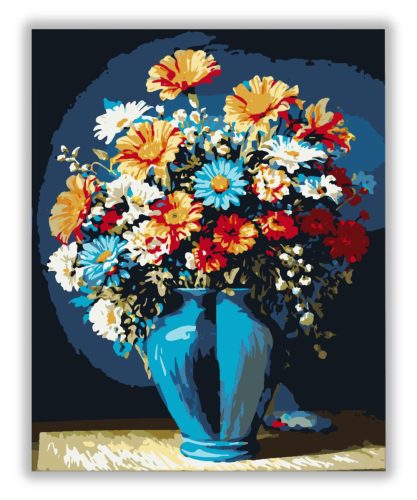 Kék vázában virágcsokor - számfestő készlet