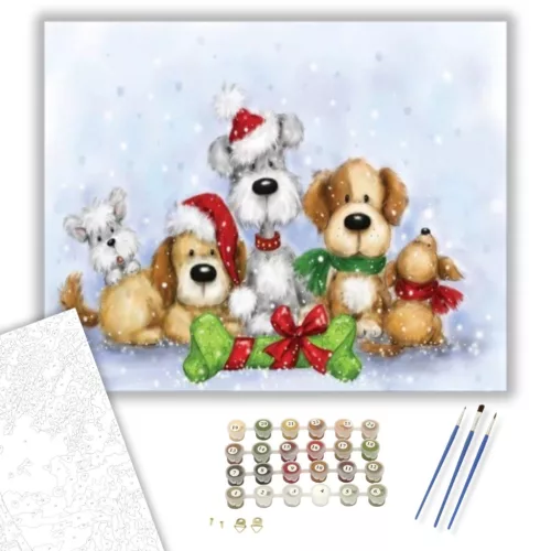 Karácsonyi Kutyák - számfestő készlet - Számfestő.hu - 80×100cm - keretre feszítve