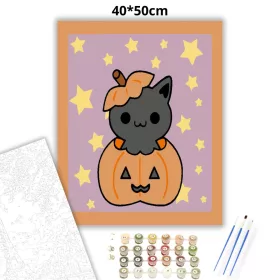 Halloweeni Cica - Halloweeni számfestő készlet - számfestő készlet - Számfestő.hu - 40×50cm - Keret nélkül