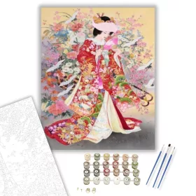 Japán Énekes Piros Ruhában - számfestő készlet - Számfestő.hu - 40×50cm - keret nélkül