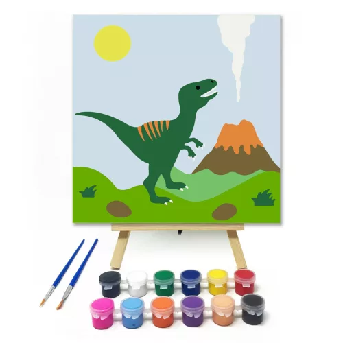 Dínó és Vulkán - gyerek számfestő készlet - Számfestő.hu - 20×20cm - keret nélkül